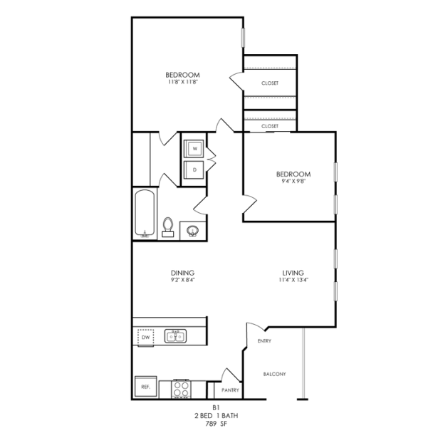 Wilder Floor Plan 2 Bedroom 1 Bath 2 Bed 1 Bath 789 sqft